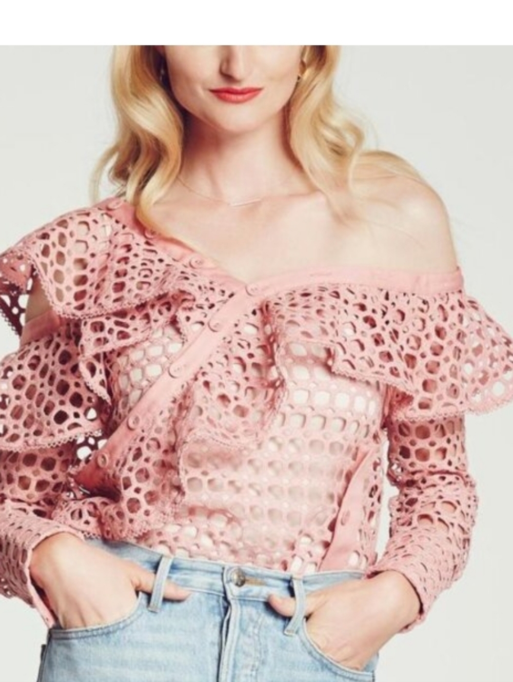 Self Portrait Pink Guipure Lace One Shoulder Ruffled Top, Size US 4 Uk 10